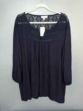 Weekend Suzanne Betro Blouse Womens 3X Blue Lace Crochet 3/4 Sleeve Tunic Top